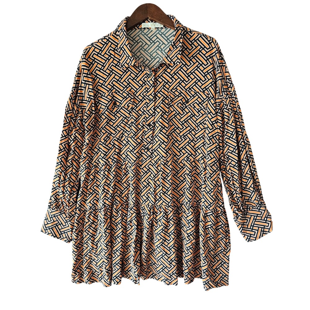 Karlie Women's Orange Black Geo Print Long Sleeve Tiered‎ Mini Dress Size L